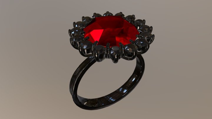 Ring with black diamonds and a ruby 3D Model