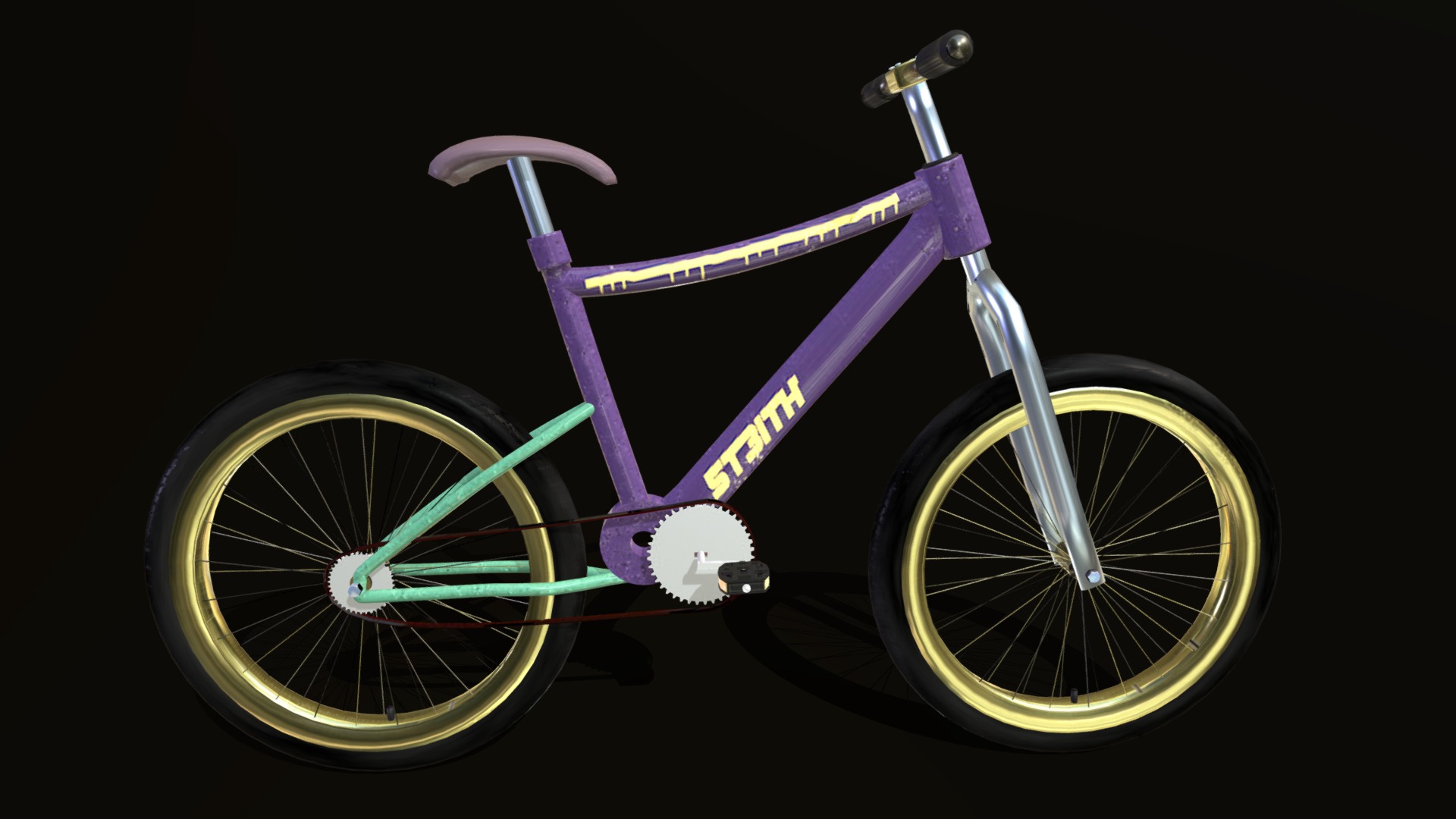 3D model 90s Bicycle with PBR Textures - This is a 3D model of the 90s Bicycle with PBR Textures. The 3D model is about a purple and green bicycle.