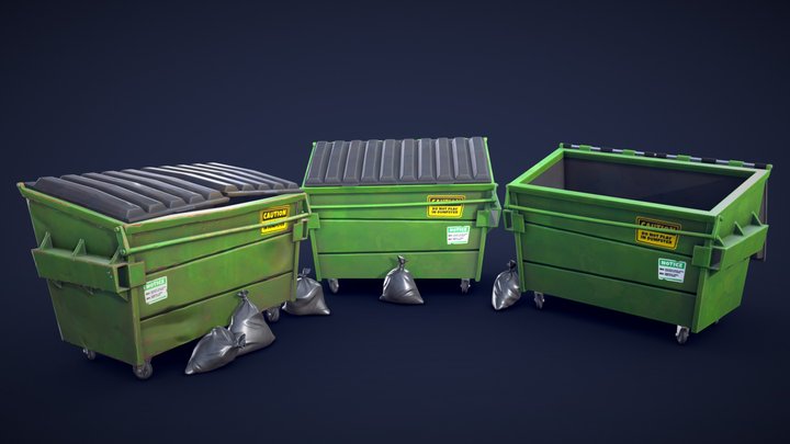 Stylized Dumpster And Garbage Bags - Low Poly 3D Model