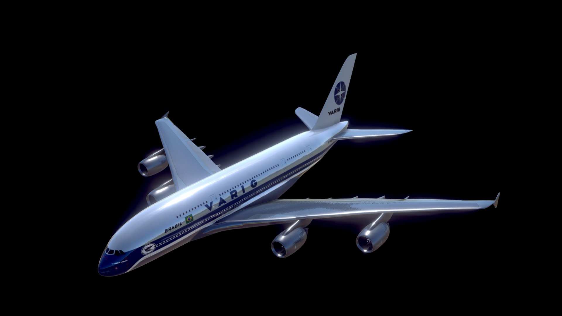 3D model Varig A380 - This is a 3D model of the Varig A380. The 3D model is about a white and blue airplane.