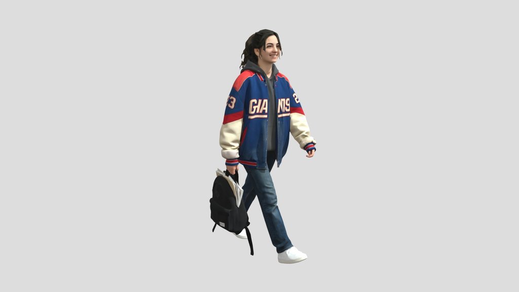 Walking in a Giants varsity jacket