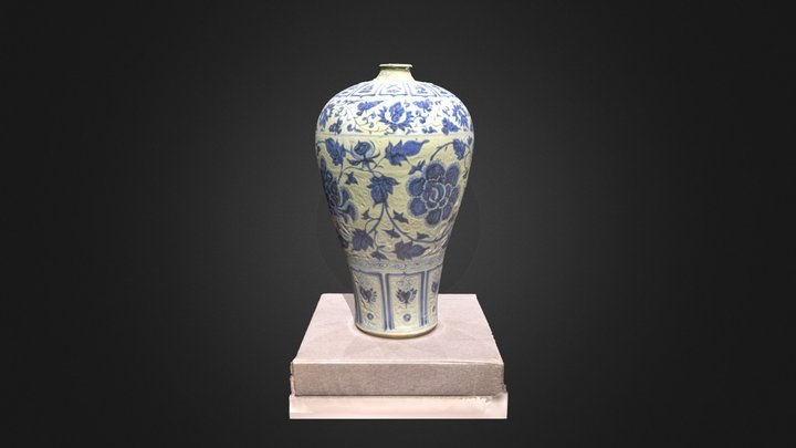 Blue-and-White Vase with Peons Scrolls Design 3D Model