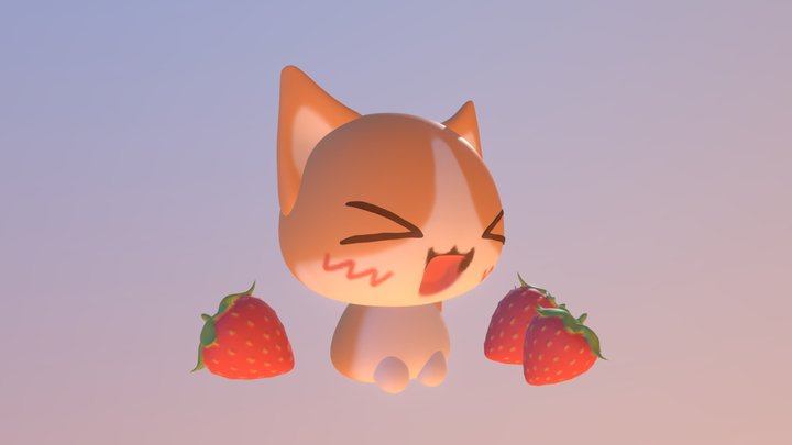 Cute Cat with Strawberries 3D Model