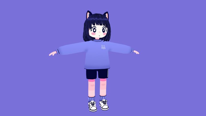 Low Poly Anime Cute girl with cat ears 3D Model