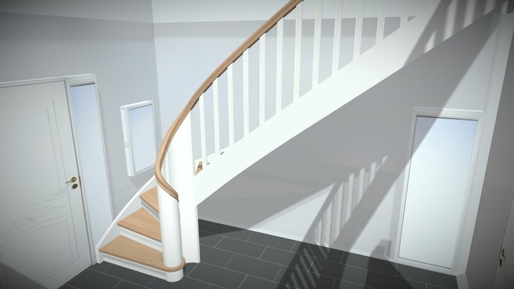 Kvartsvingstrappe med buet hovedstykke 3D Model