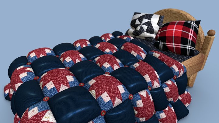 Cozy bed with a big puffy comforter and pillows 3D Model