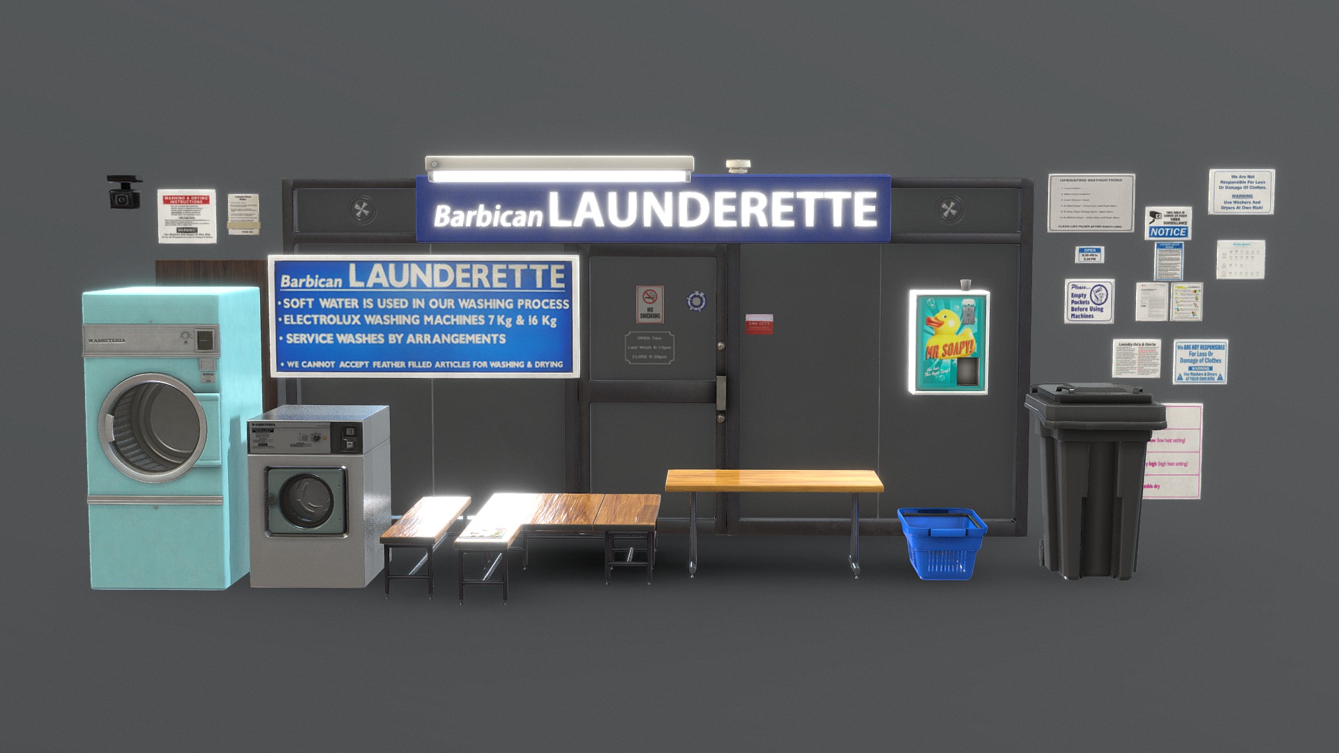 3D model Barbican Launderette - This is a 3D model of the Barbican Launderette. The 3D model is about a room with a table and chairs.
