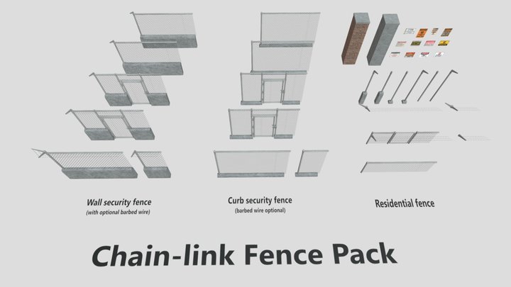 Chain link fence pack (low poly game ready) 3D Model