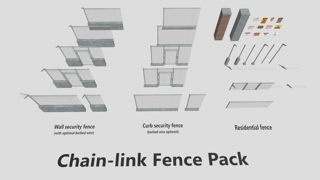 Chain link fence pack (low poly game ready)