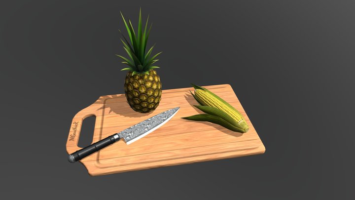 Cutting Board, Pineapple, Corn props 3D Model