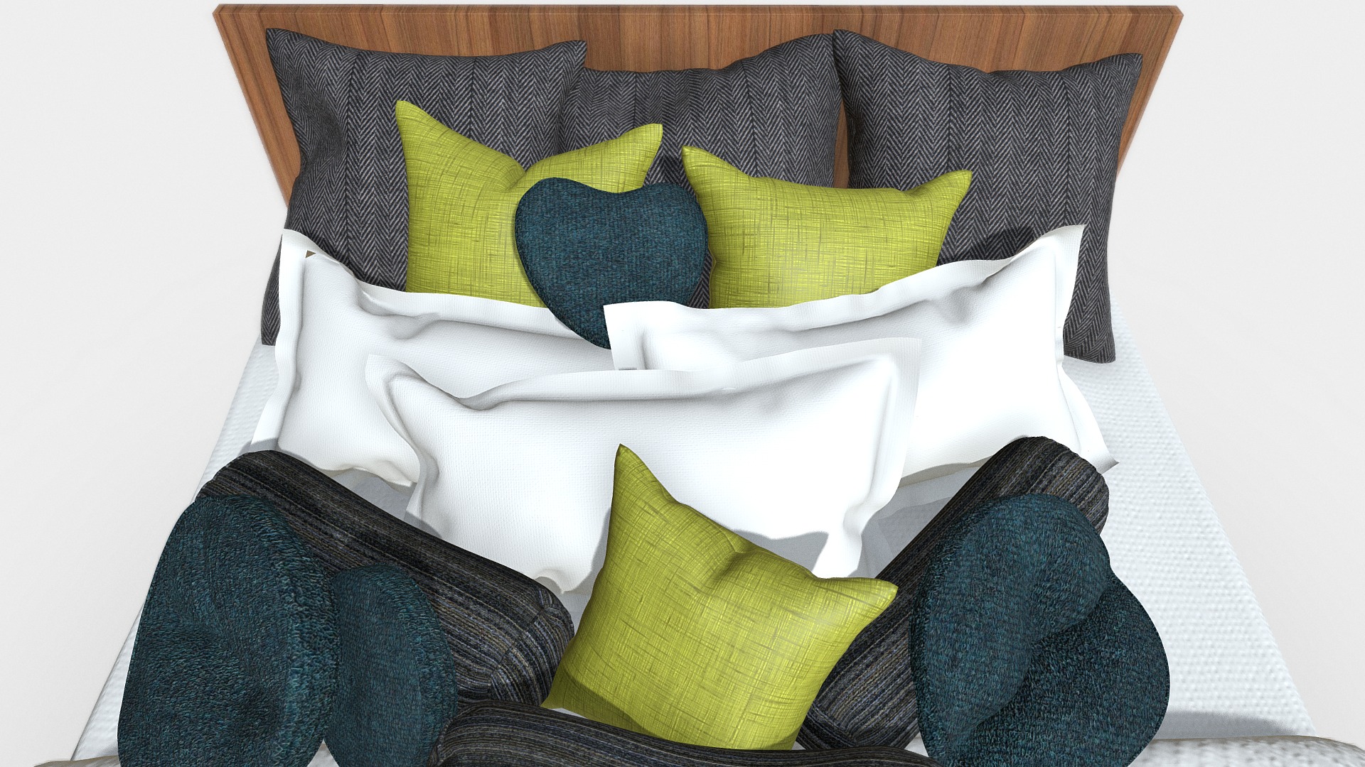 3D model Bed, Pillows & Beyond - This is a 3D model of the Bed, Pillows & Beyond. The 3D model is about a bed with a white and green pillow and a black and yellow striped blanket.