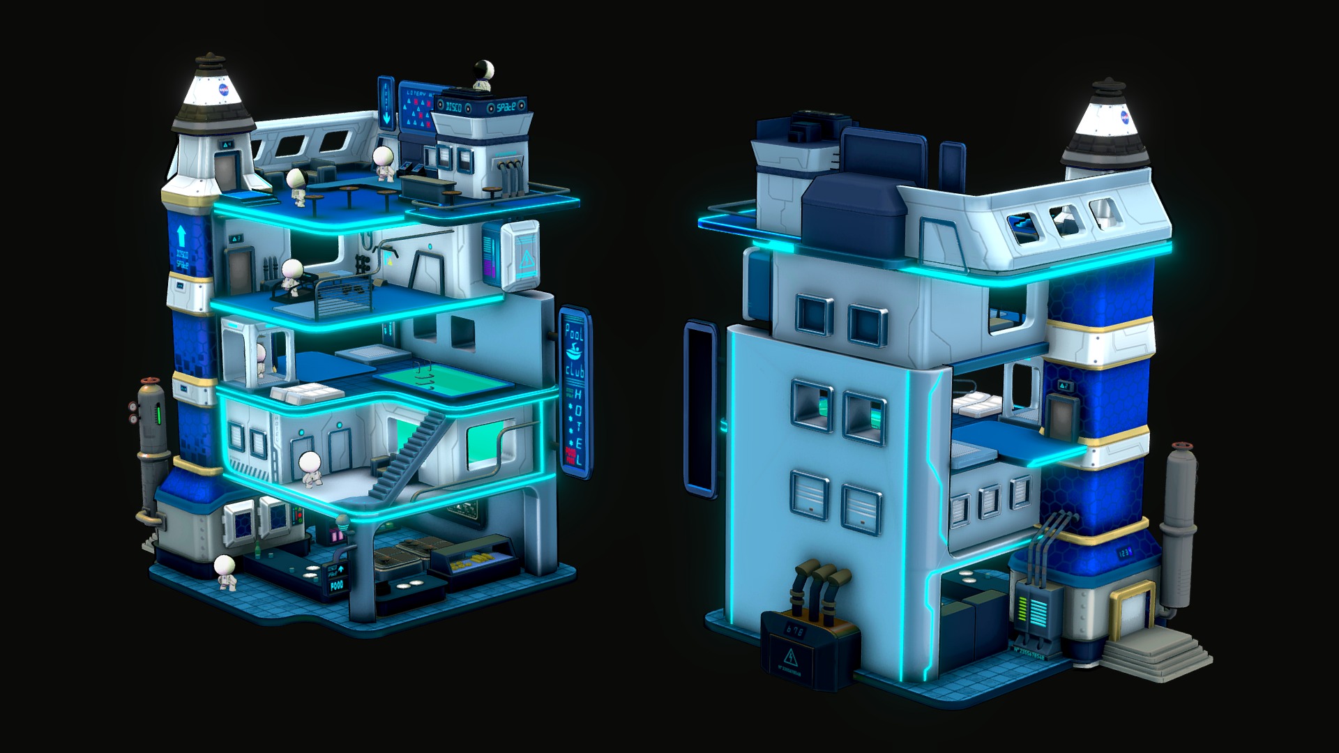 3D model SPACE STATION - This is a 3D model of the SPACE STATION. The 3D model is about a group of blue and white toy buildings.