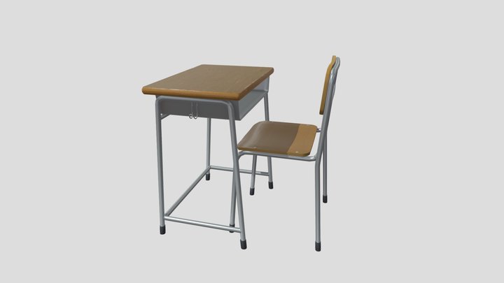 Japanese School Class Desk and Chair 3D Model