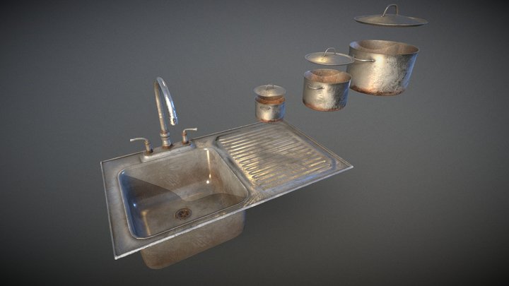 High Poly Sink and Pots 3D Model