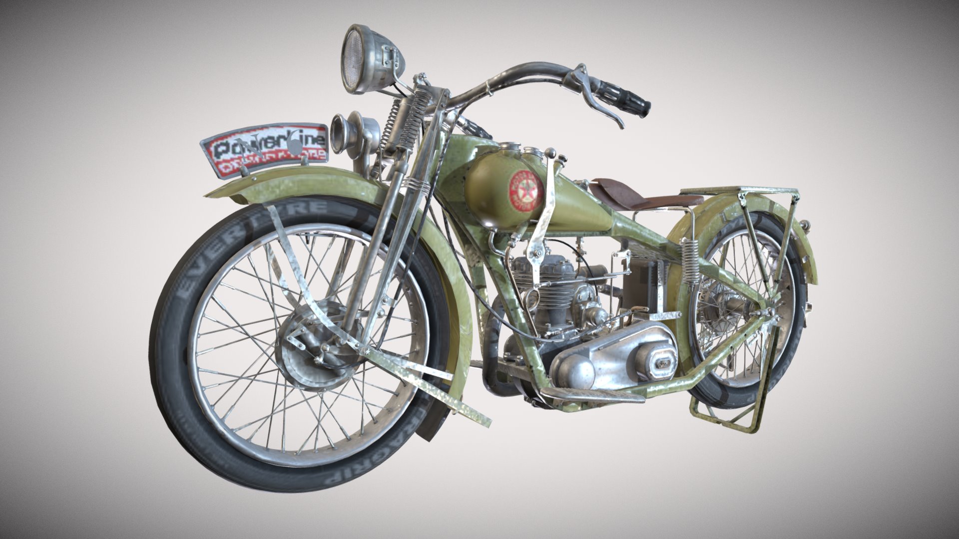 3D model Old Motorbike - This is a 3D model of the Old Motorbike. The 3D model is about a green and gold motorcycle.