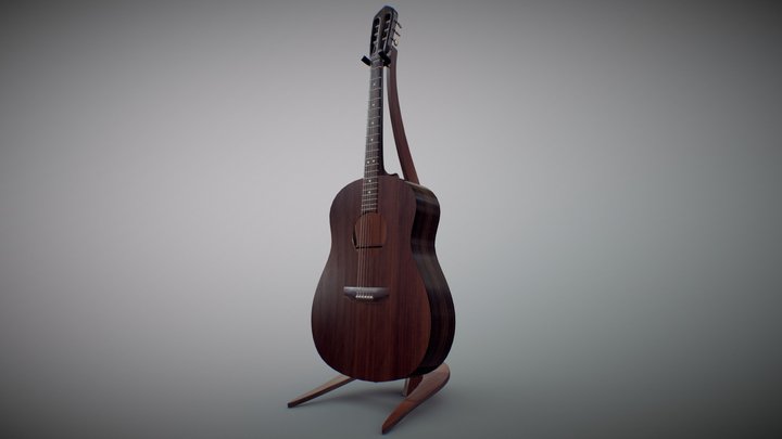 Classical acoustic guitar on a wooden rack 3D Model