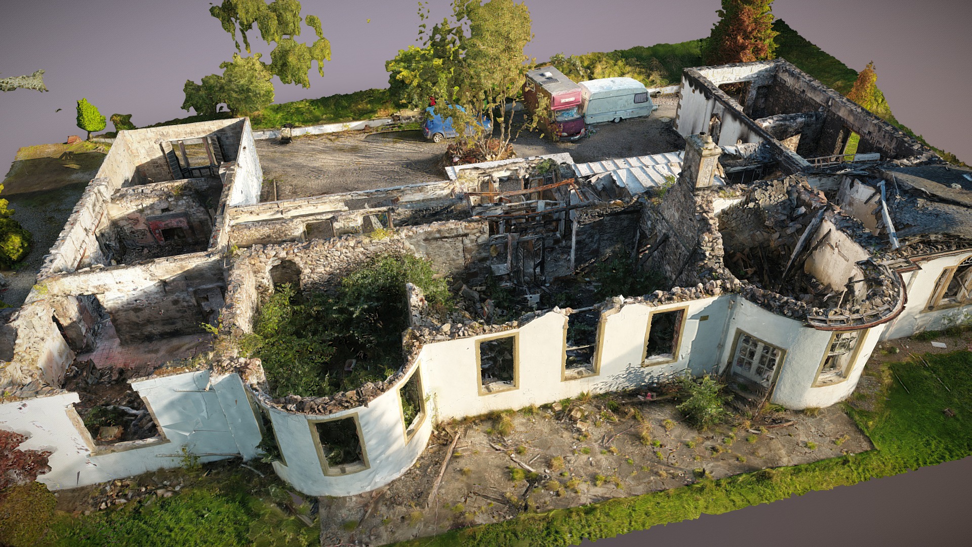 3D model Boleskine House Loch Ness - This is a 3D model of the Boleskine House Loch Ness. The 3D model is about a destroyed house with a few cars parked in the driveway.