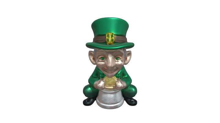 Smiling leprechaun holding pot of gold 3D Model