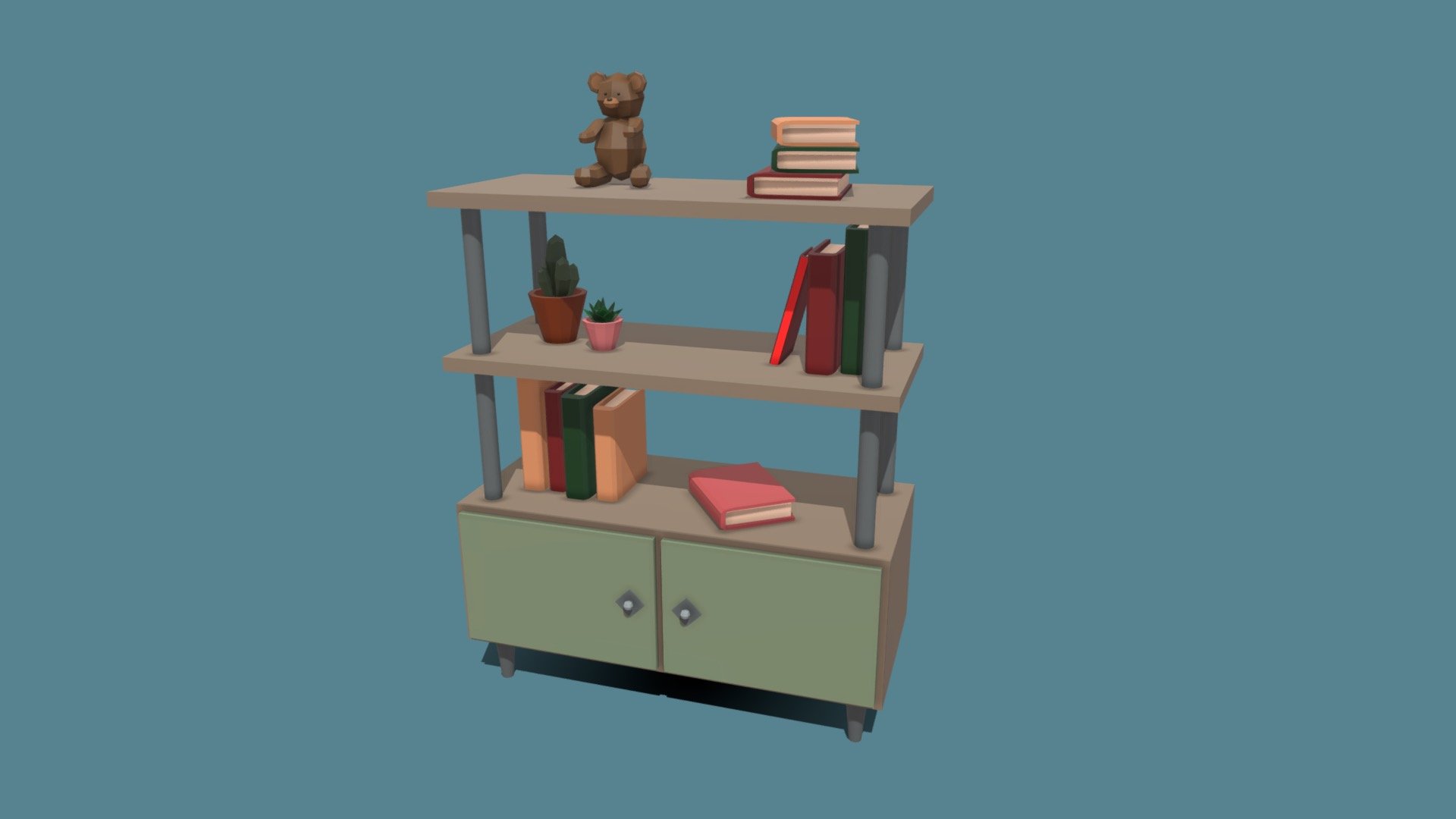 Low Poly Bookshelf with Books, Plants and Bear Download Free 3D model by AleksandraN2899
