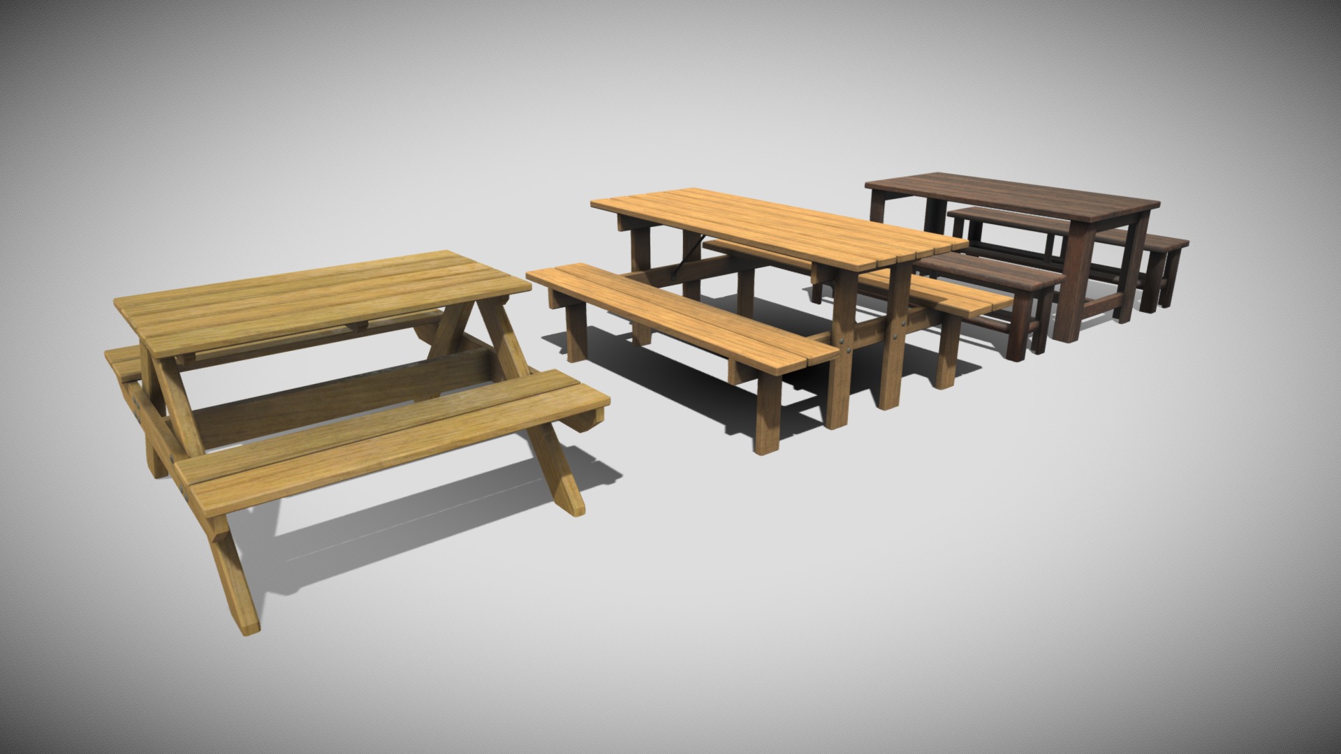 3D model Picnic Tables Pack - This is a 3D model of the Picnic Tables Pack. The 3D model is about a couple of wooden tables.