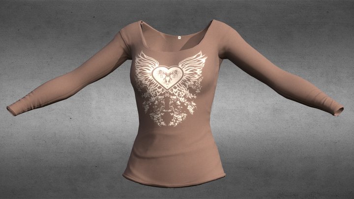 Y2k Wings Heart T-shirt Gothic Long Sleeve Top 3D Model