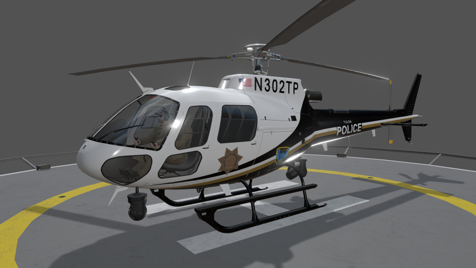 3D model AS-350 Tulsa Police Animated - This is a 3D model of the AS-350 Tulsa Police Animated. The 3D model is about a helicopter on a stand.