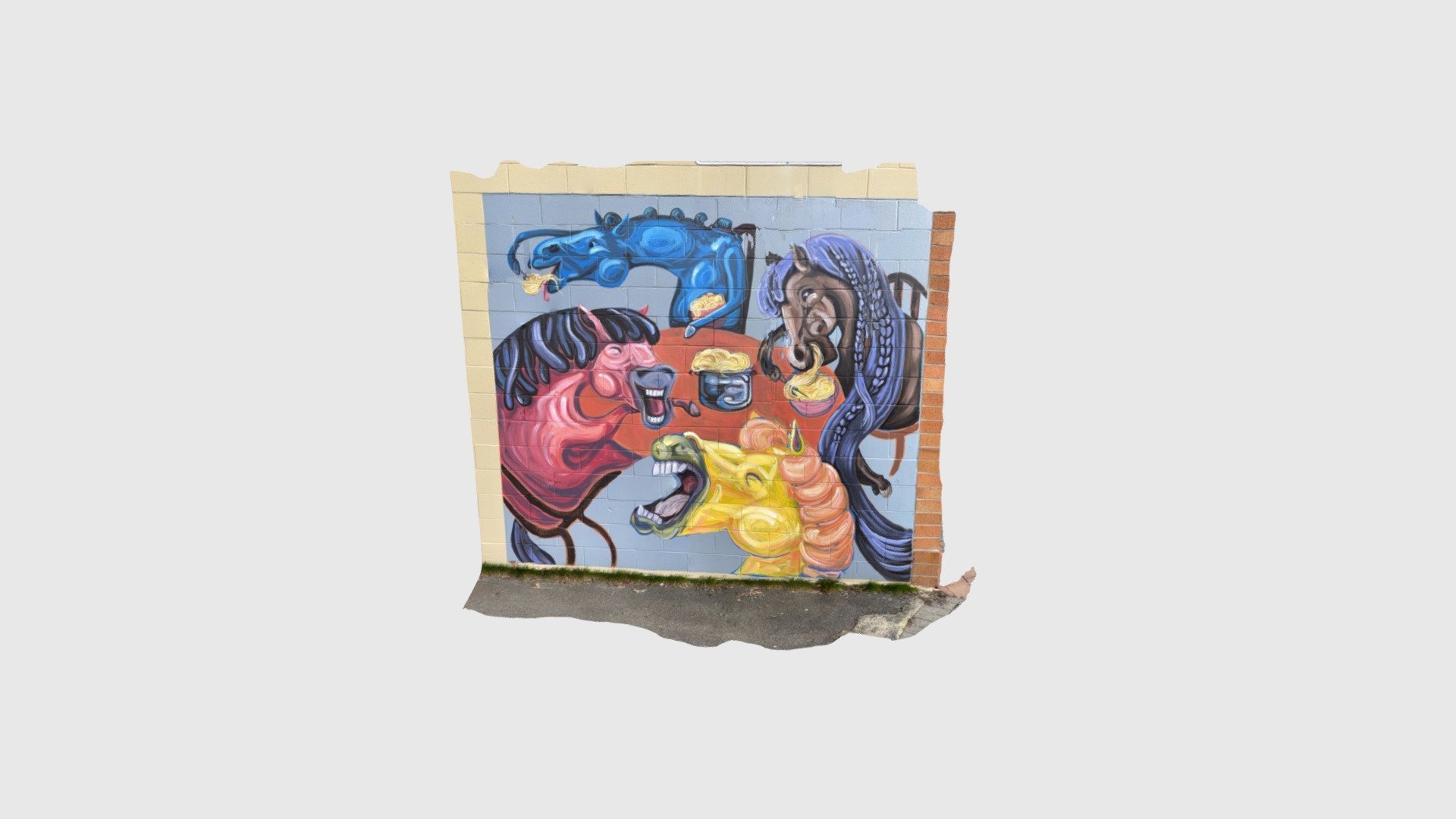 Three horses eating spaghetti