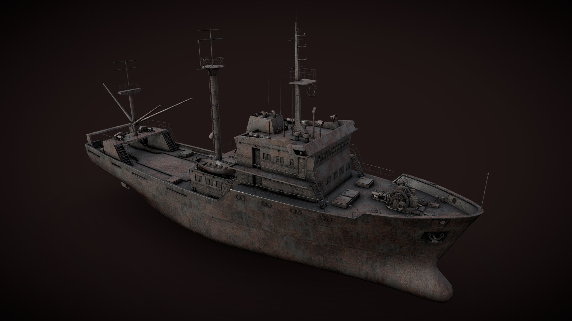 3D model Old rusted abandoned vessel - This is a 3D model of the Old rusted abandoned vessel. The 3D model is about a ship with a few antennas.