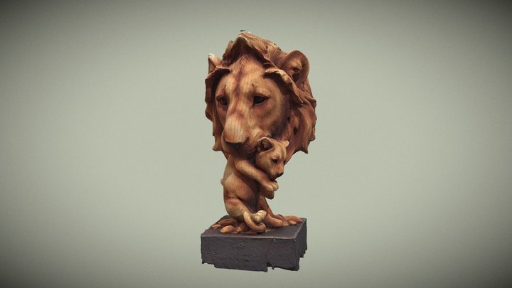 Lion & Cub Wood Statue 3D Model