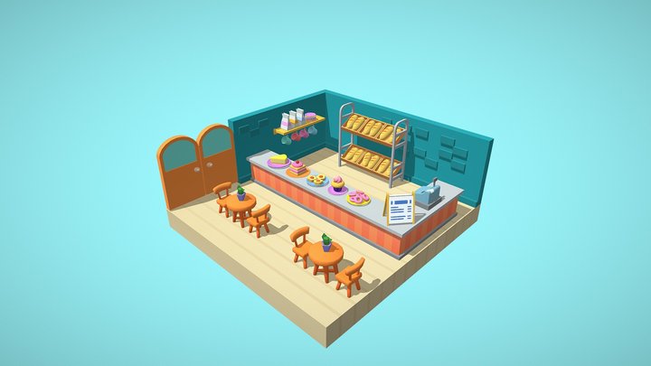 Cartoon Low Poly Cafe Bakery 3D Model