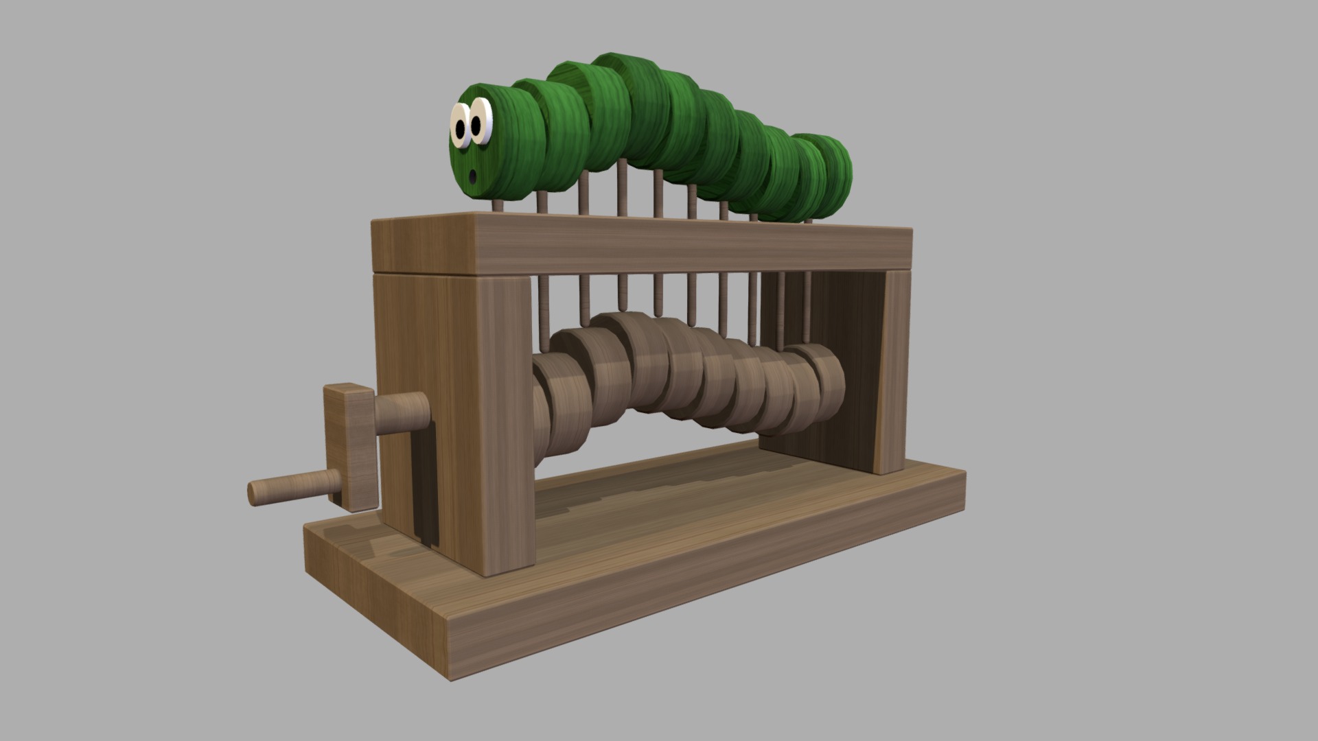 3D model Caterpillar Automata - This is a 3D model of the Caterpillar Automata. The 3D model is about a wooden shelf with a green toy on top.