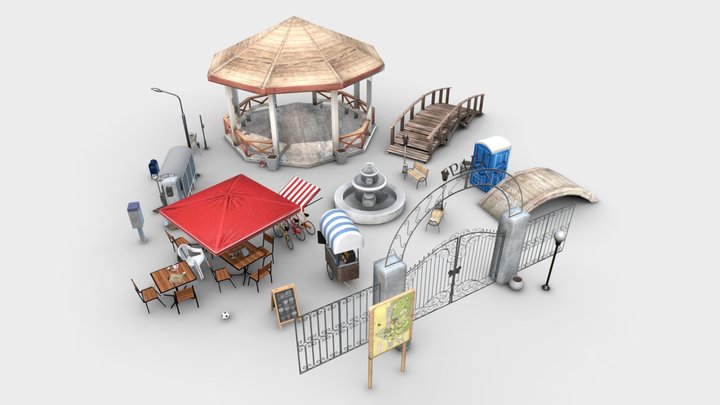 Low-poly city elements 3D Model