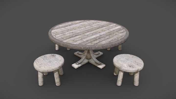 Medieval Round Wooden Table With Stools 3D Model