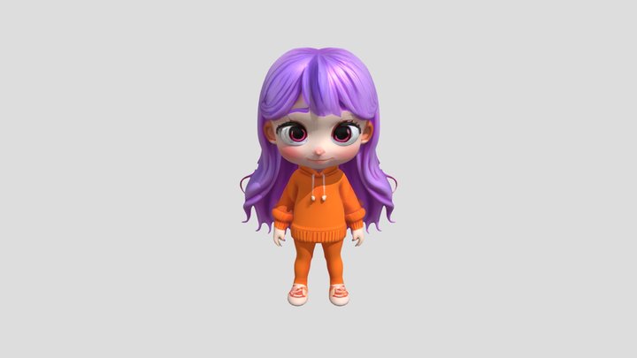 cute cartoon character with purple hair 3D Model