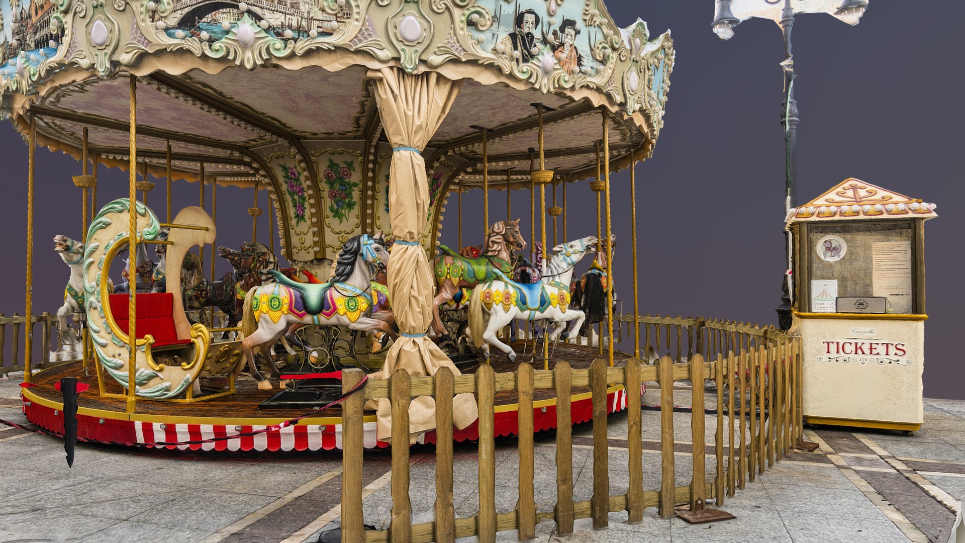 3D model Carousel with fence and ticket booth - This is a 3D model of the Carousel with fence and ticket booth. The 3D model is about a carousel with a clock.