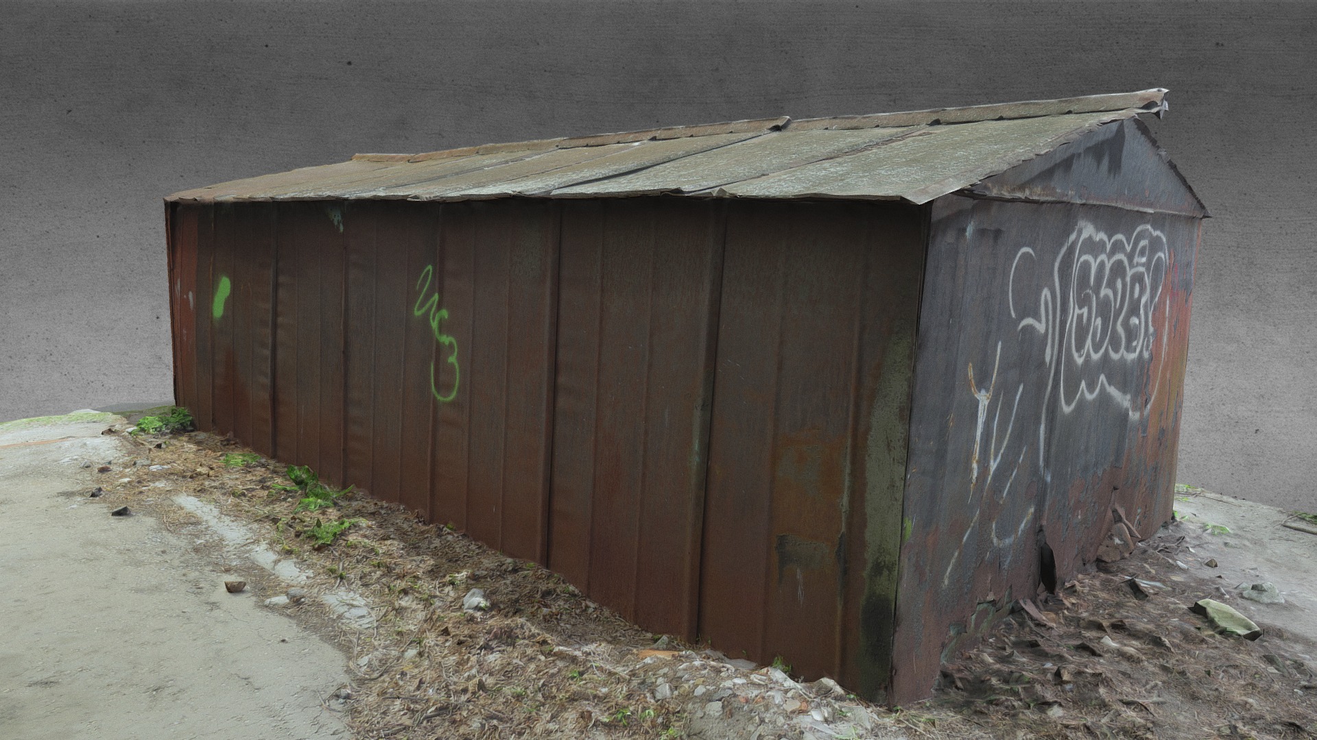 3D model Rusty Metal Garage - This is a 3D model of the Rusty Metal Garage. The 3D model is about a shed with graffiti on it.