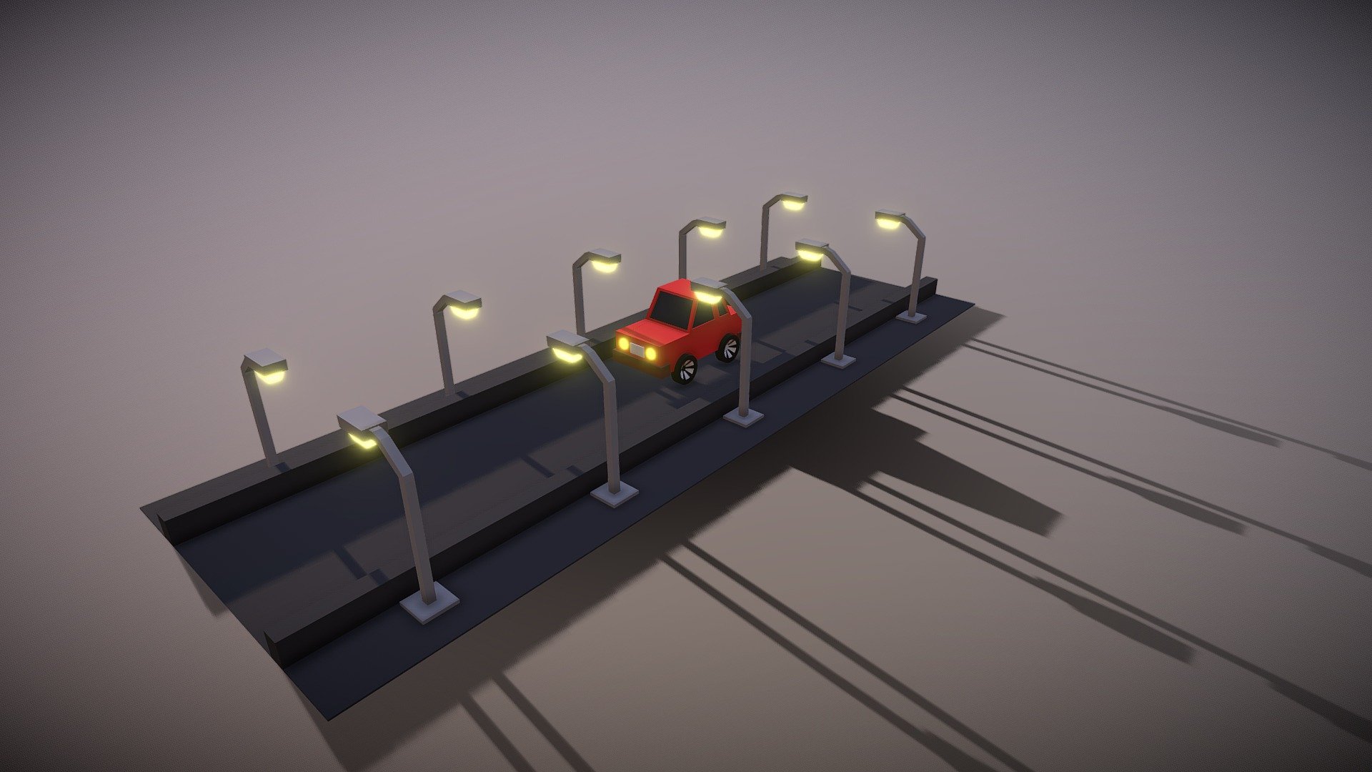 Low Poly Car with road and lights