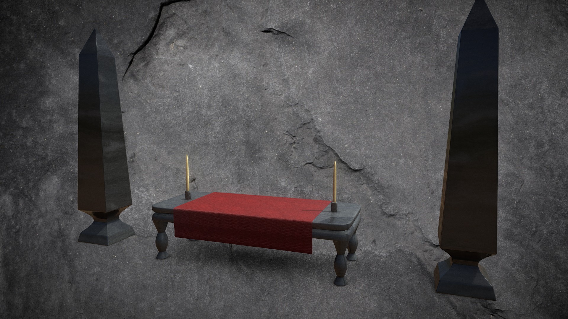 3D model Ritual Altar With Candles & Obelisks - This is a 3D model of the Ritual Altar With Candles & Obelisks. The 3D model is about a red bench and a black pole.