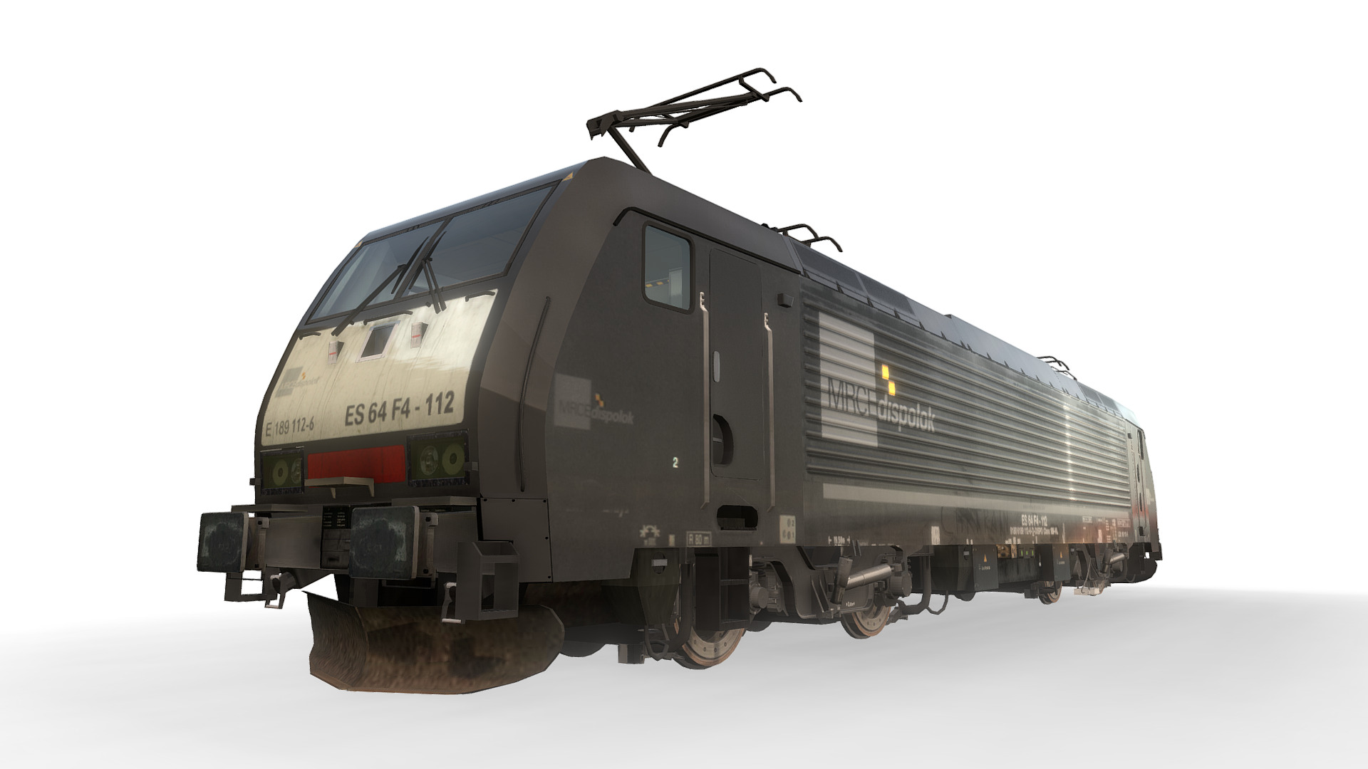 3D model Locomotive Class ES64F4 – 189 112-6 – MRCE - This is a 3D model of the Locomotive Class ES64F4 - 189 112-6 - MRCE. The 3D model is about a black train with a green light.