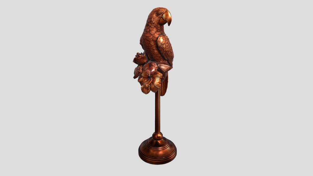 Copper Parrot Sculpture with Hibiscus