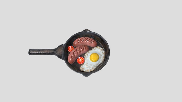 fried eggs with sausages and tomatoes 3D Model
