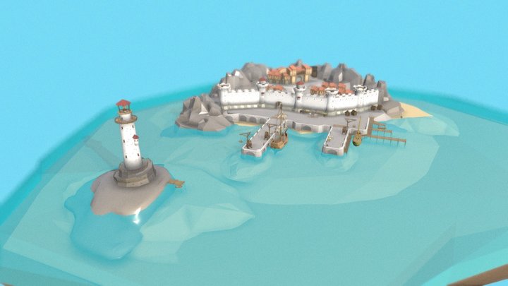 Medieval Town Port and Lighthouse 3D Model