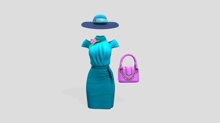 Elegant Teal Female Outfit Skirt Top Bag Hat 3D Model