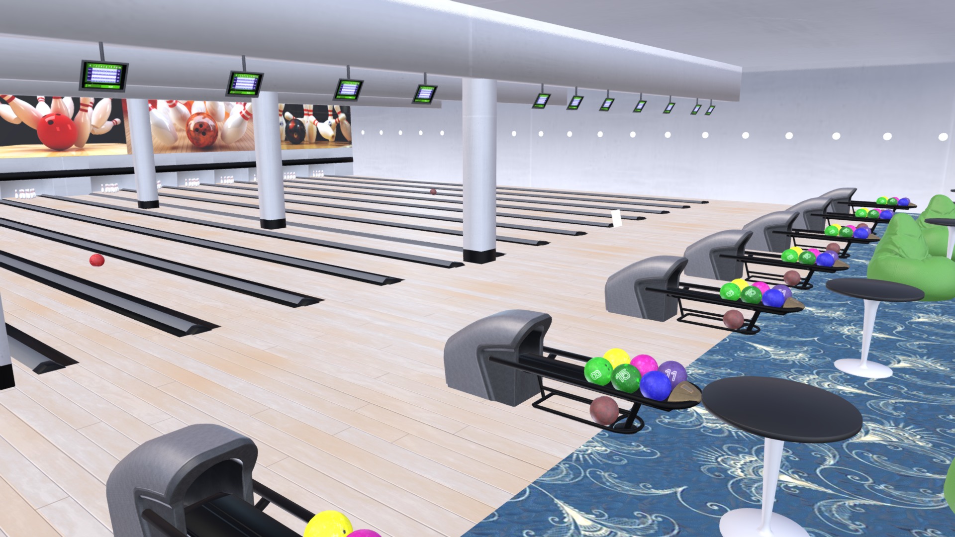 3D model Bowling – interior and props - This is a 3D model of the Bowling - interior and props. The 3D model is about a bowling alley with bowling balls.
