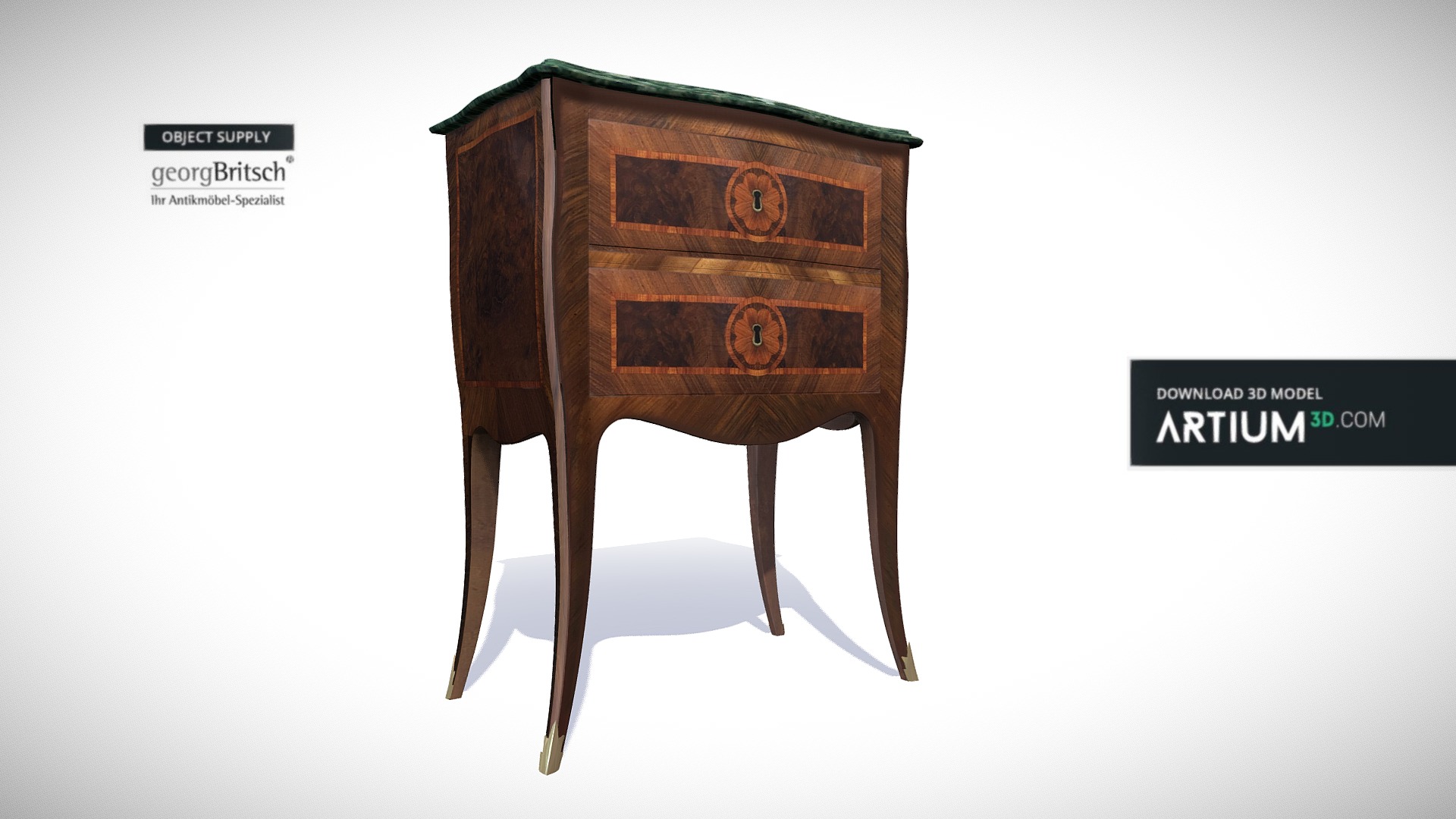 3D model Baroque commode – Georg Britsch - This is a 3D model of the Baroque commode - Georg Britsch. The 3D model is about a wooden chair with a sign.