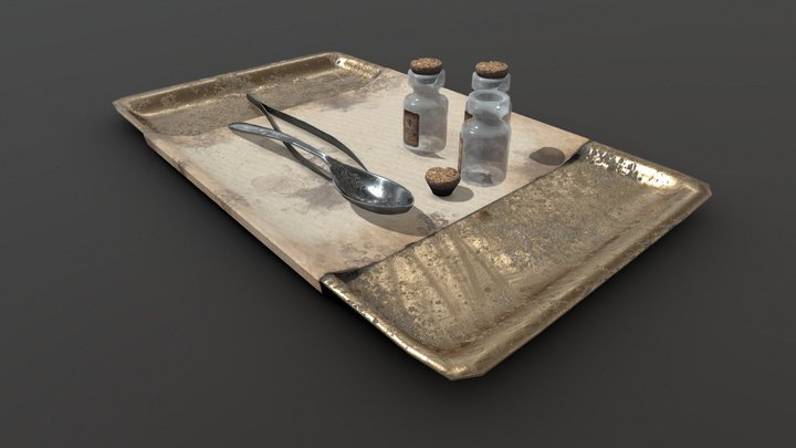 Alchemy Tray: Spoon, Tongs, Glass Vial - Set 3D Model