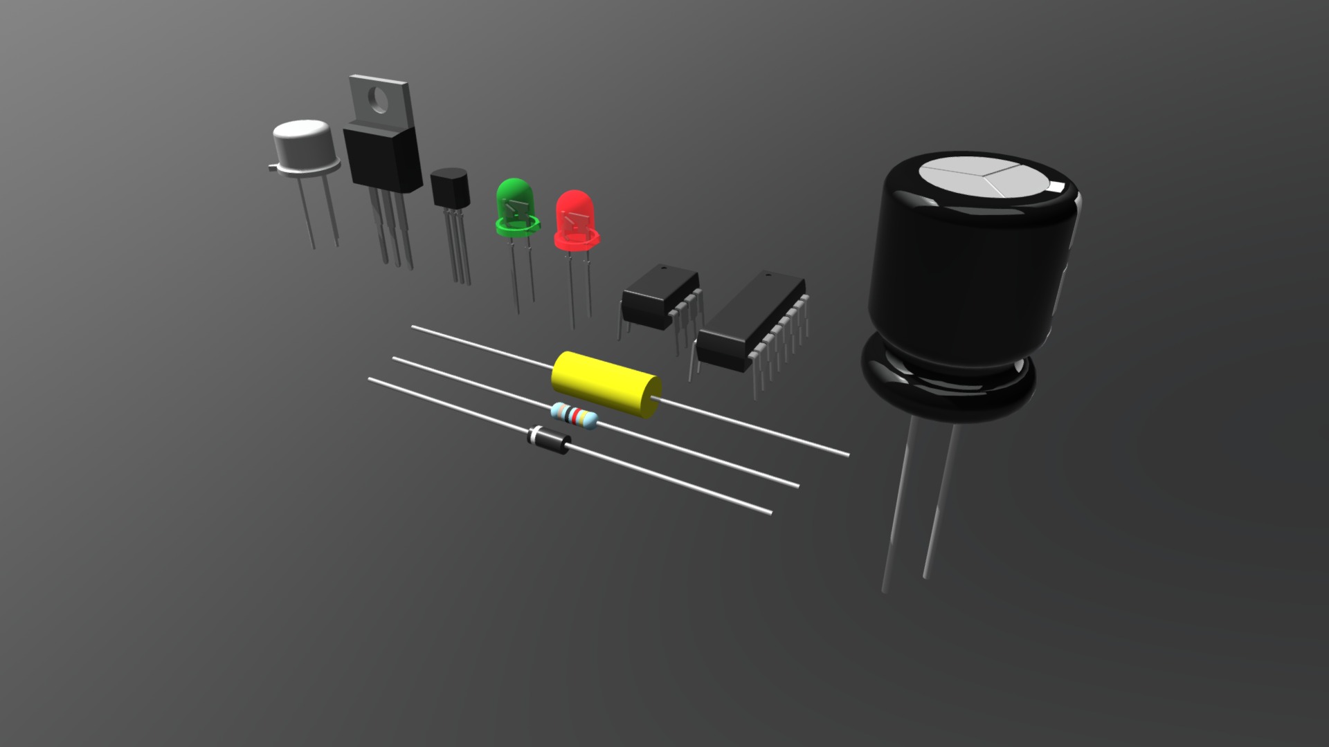3D model Set of electronic parts - This is a 3D model of the Set of electronic parts. The 3D model is about a group of black and yellow objects.