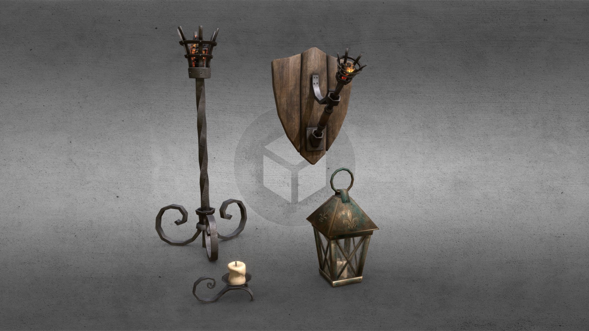Medieval Lights Torches Candle Lantern Buy Royalty Free 3D model by