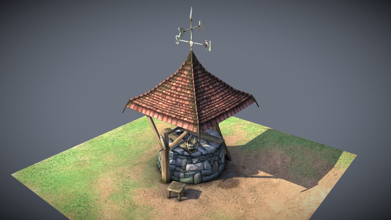 3D model Stone Well - This is a 3D model of the Stone Well. The 3D model is about a small hut on a green field.