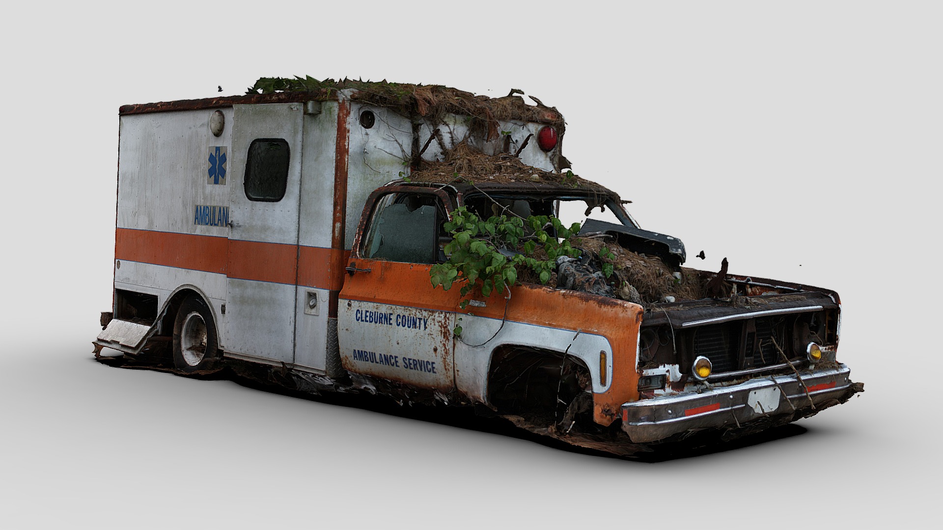 3D model Overgrown Ambulance (Raw Scan) - This is a 3D model of the Overgrown Ambulance (Raw Scan). The 3D model is about a white and orange truck.